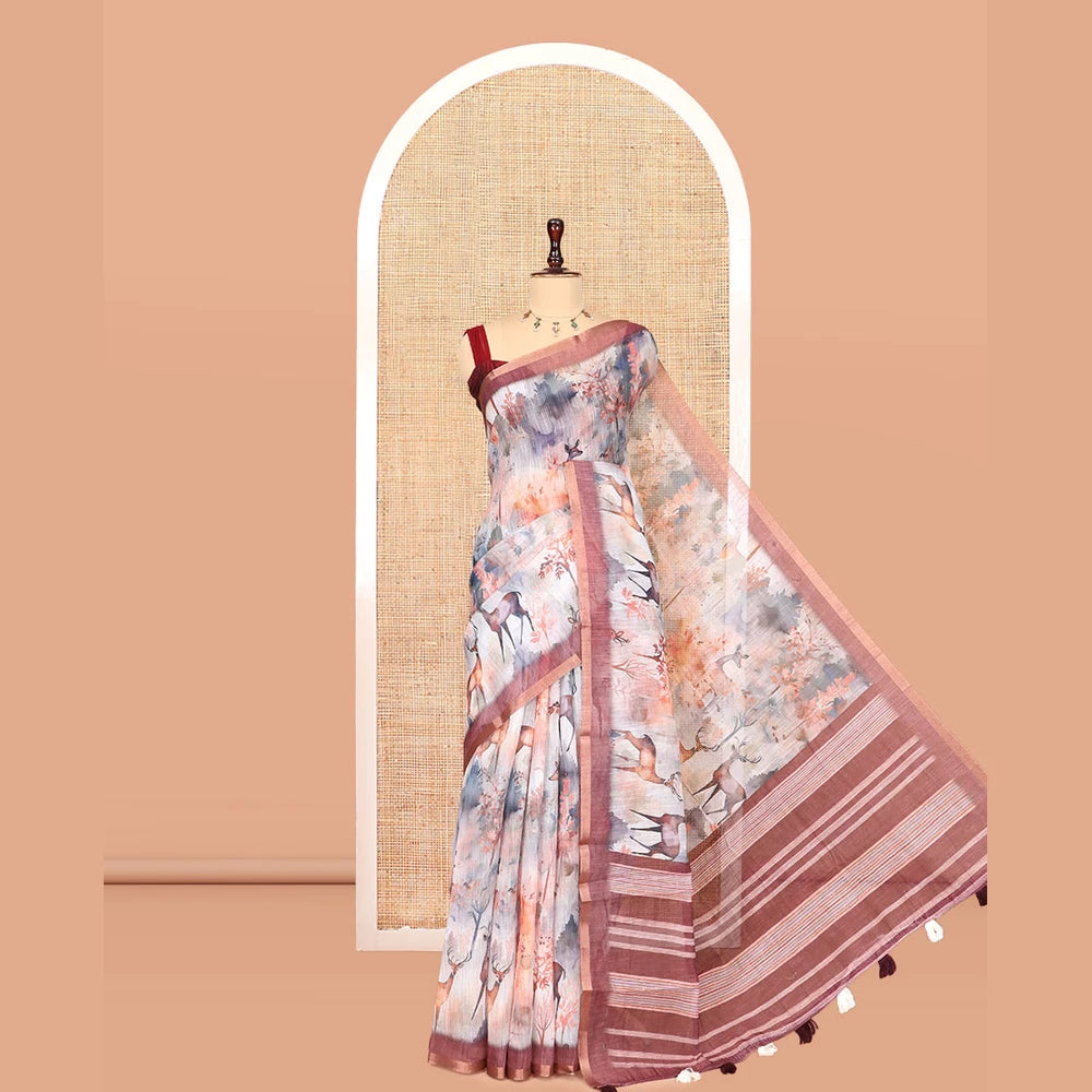 Pothys Maroon Linen Cotton Saree, Decorated with Floral and Deer Motifs Print, a Contrast Border, Striped Pallu, Contrast Blouse