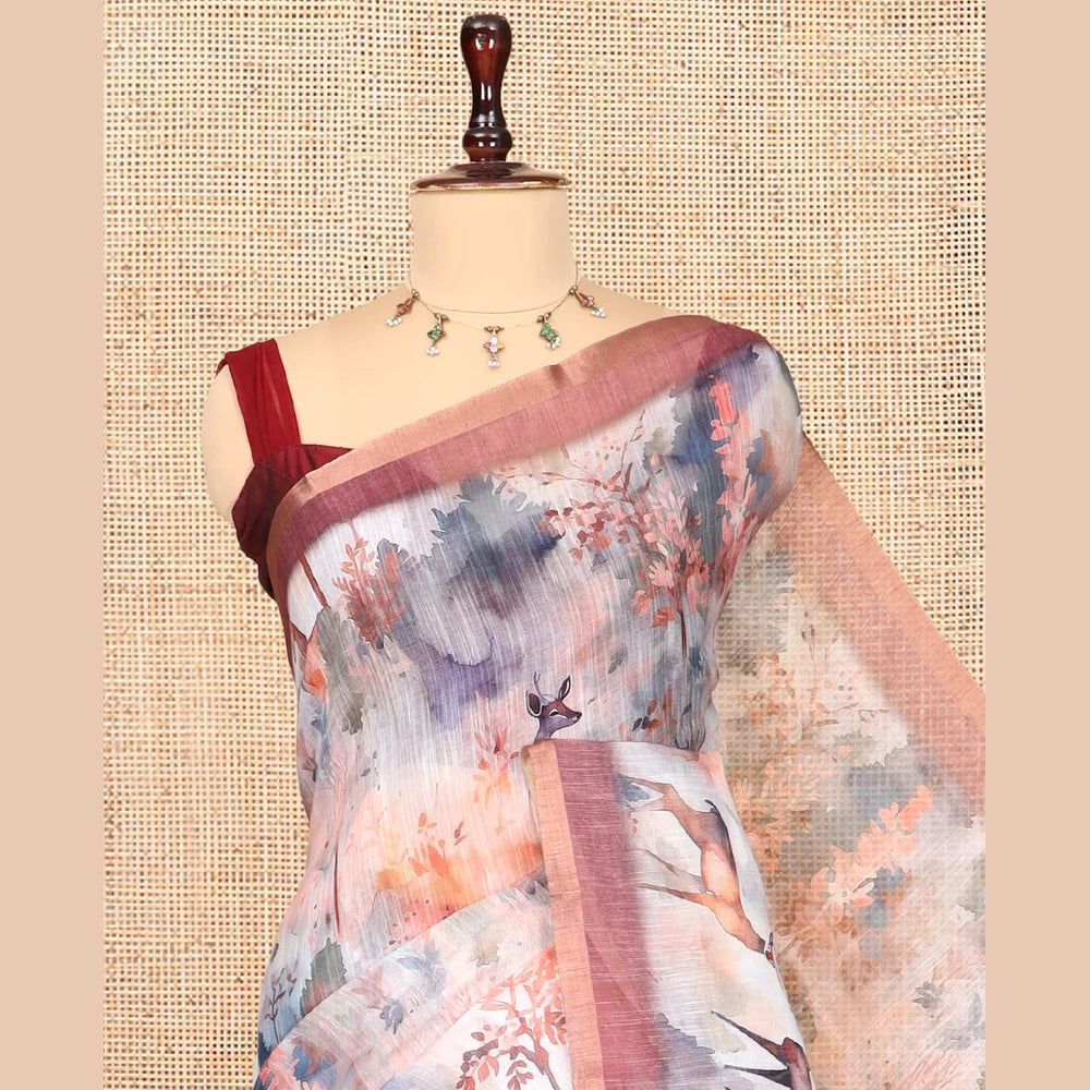 Pothys Maroon Linen Cotton Saree, Decorated with Floral and Deer Motifs Print, a Contrast Border, Striped Pallu, Contrast Blouse