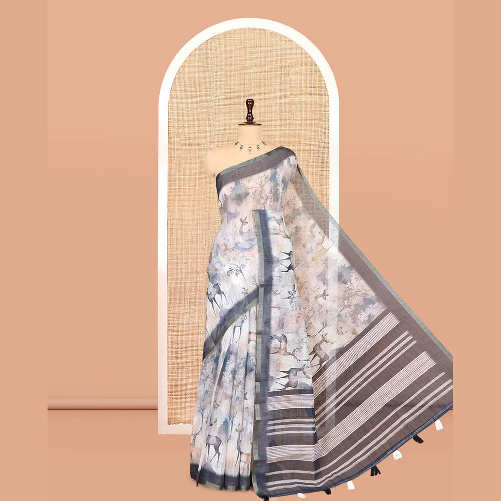 Pothys Dark Blue Linen Cotton Saree, Detailed with Floral and Deer Motifs Print, a Contrast Border, Striped Pallu, Contrast Blouse