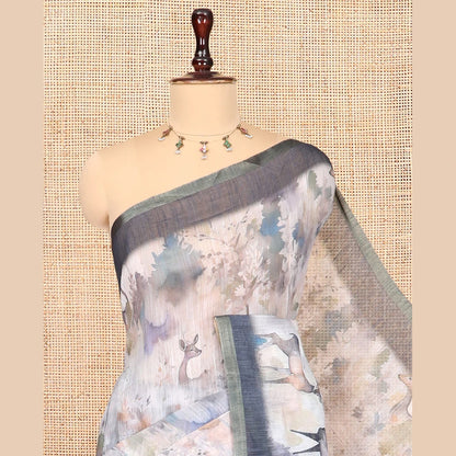 Pothys Dark Blue Linen Cotton Saree, Detailed with Floral and Deer Motifs Print, a Contrast Border, Striped Pallu, Contrast Blouse