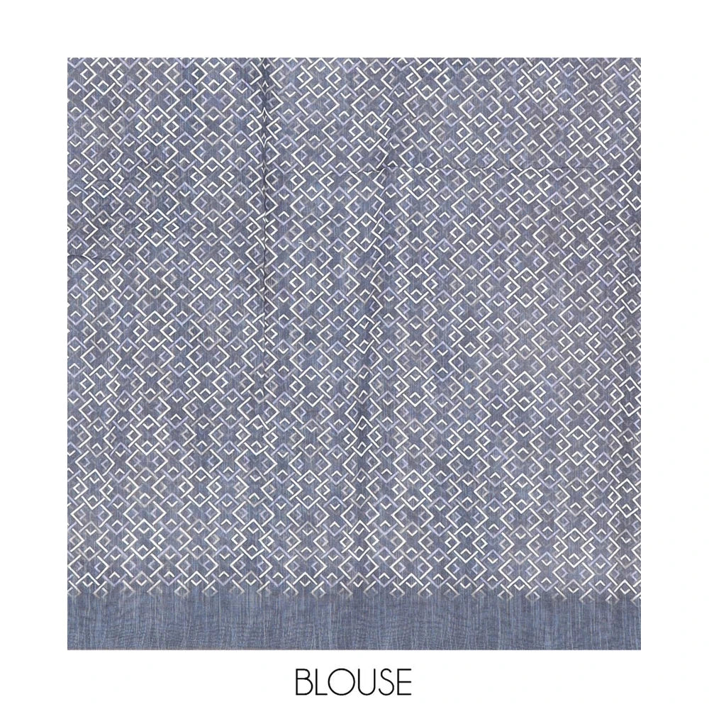 Pothys Dark Blue Linen Cotton Saree, Detailed with Floral and Deer Motifs Print, a Contrast Border, Striped Pallu, Contrast Blouse