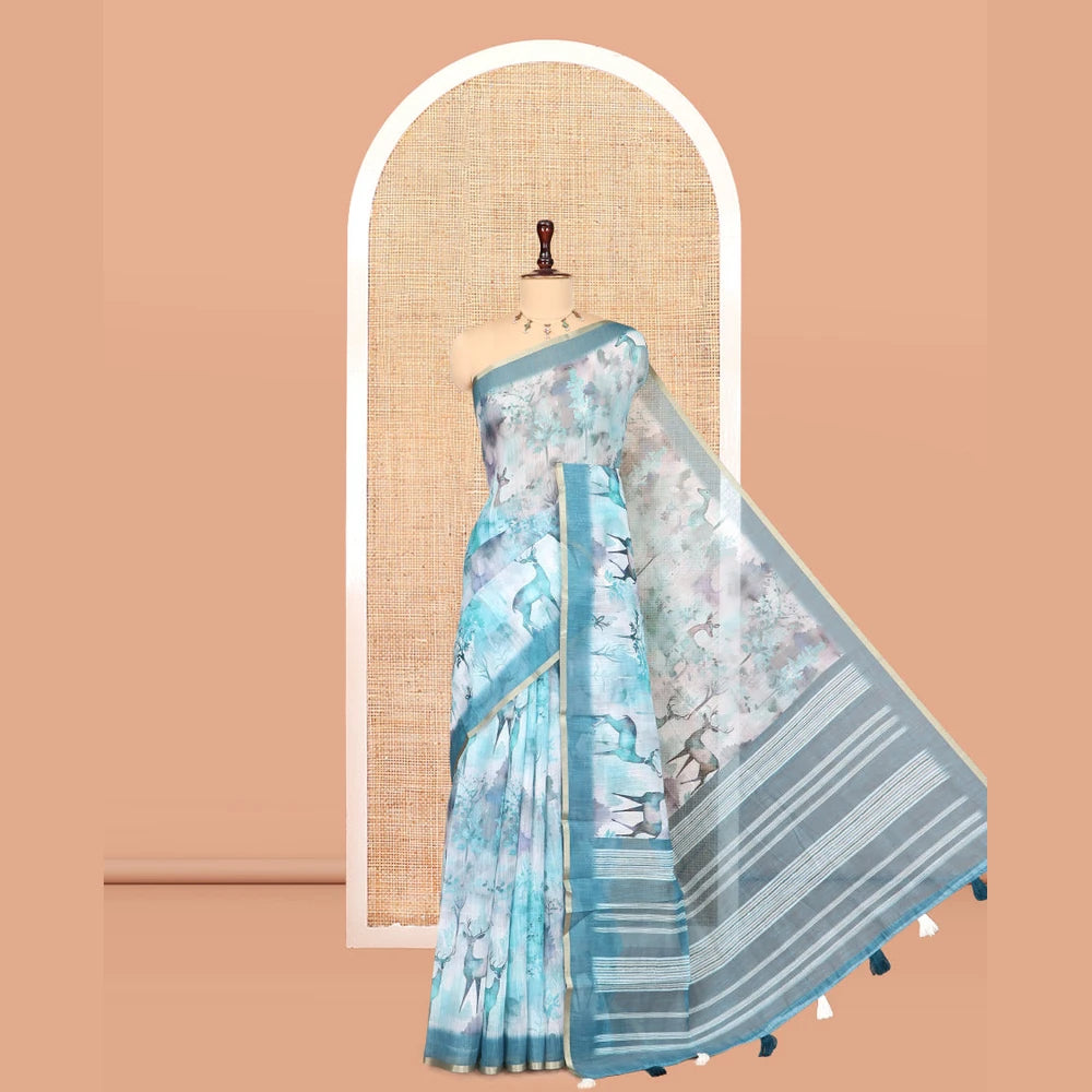 Pothys Peacock Green Linen Cotton Saree, Detailed with Floral and Deer Motifs Print, a Contrast Border, Striped Pallu, Contrast Blouse