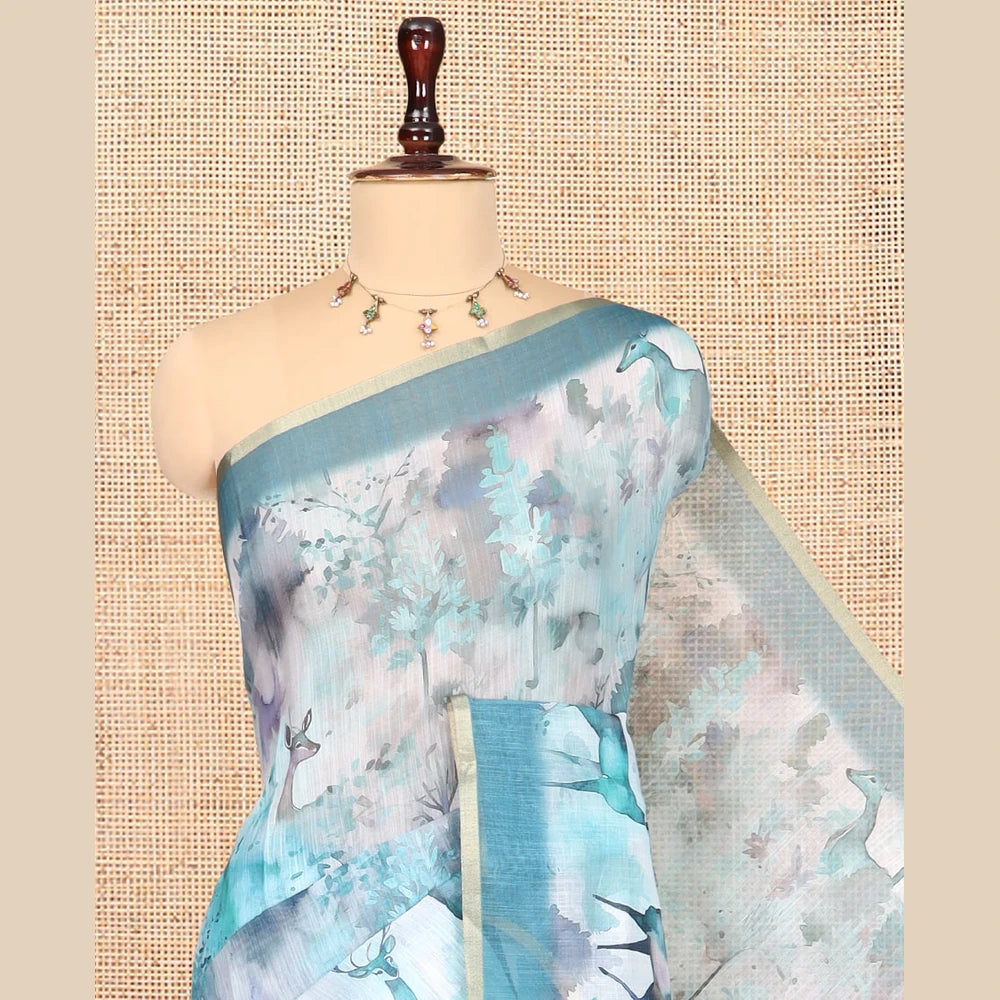 Pothys Peacock Green Linen Cotton Saree, Detailed with Floral and Deer Motifs Print, a Contrast Border, Striped Pallu, Contrast Blouse