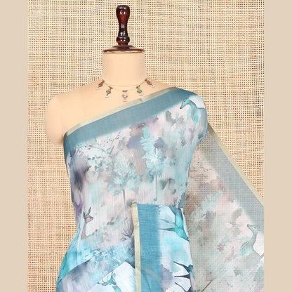 Pothys Peacock Green Linen Cotton Saree, Detailed with Floral and Deer Motifs Print, a Contrast Border, Striped Pallu, Contrast Blouse