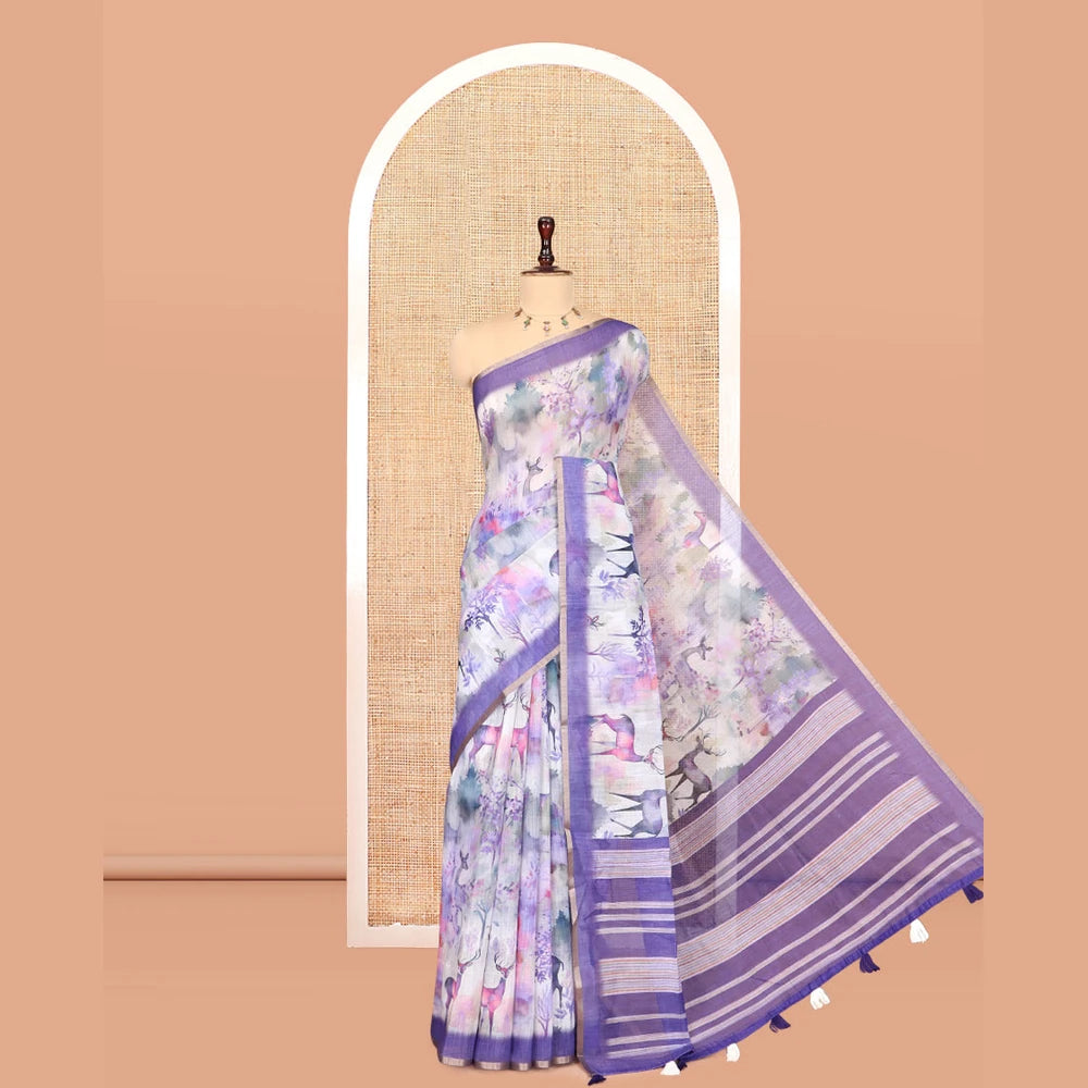 Pothys Violet Linen Cotton Saree, Bedecked with Floral and Deer Motifs Print, a Contrast Border, Striped Pallu, Contrast Blouse