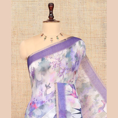 Pothys Violet Linen Cotton Saree, Bedecked with Floral and Deer Motifs Print, a Contrast Border, Striped Pallu, Contrast Blouse