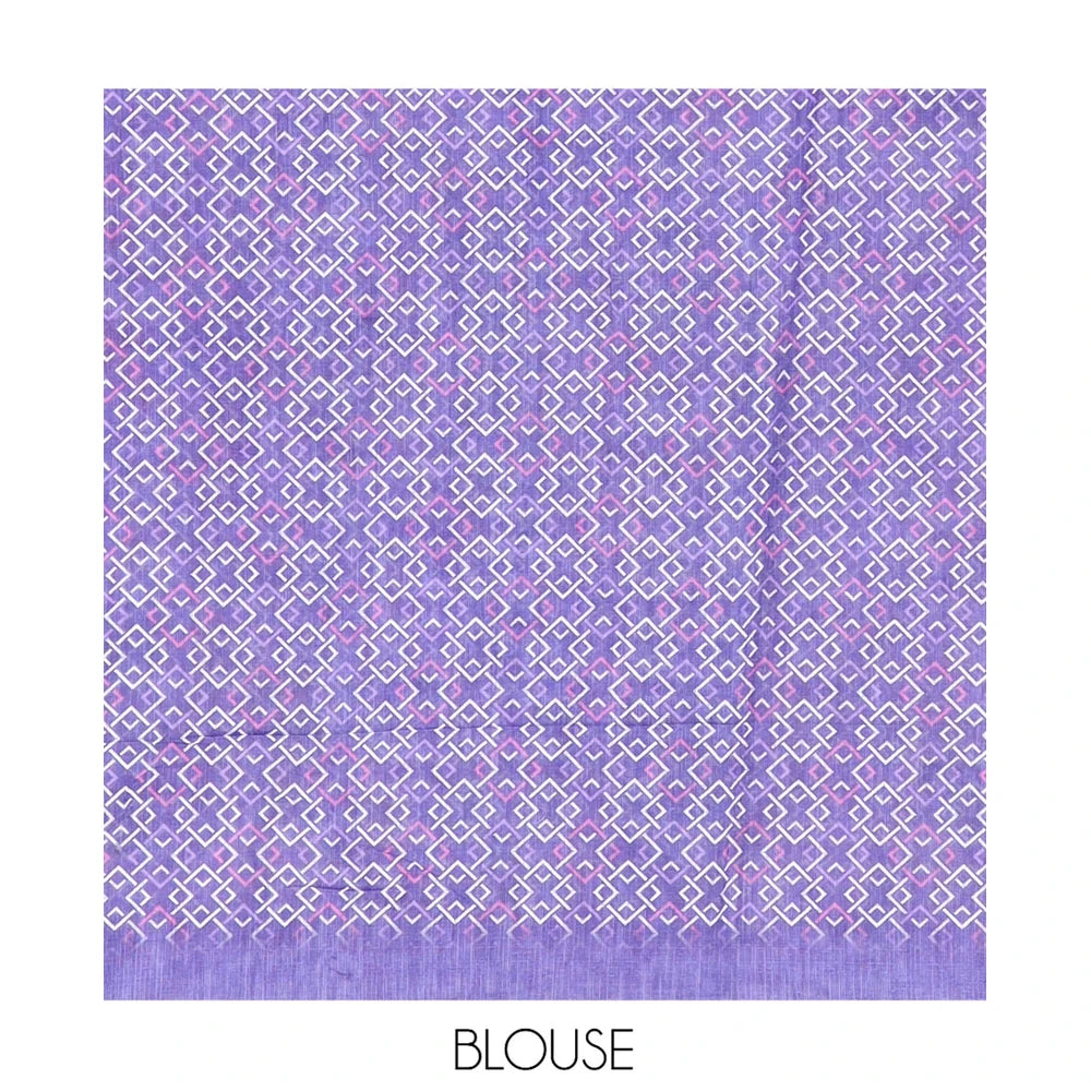 Pothys Violet Linen Cotton Saree, Bedecked with Floral and Deer Motifs Print, a Contrast Border, Striped Pallu, Contrast Blouse