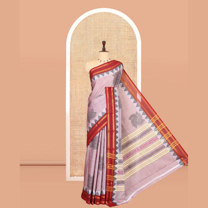 Pothys Dusky Pink Chettinad Cotton Saree, Adorned with Geometric Buttas, a Contrast Ganga-Jamuna Traditional Border, No Blouse