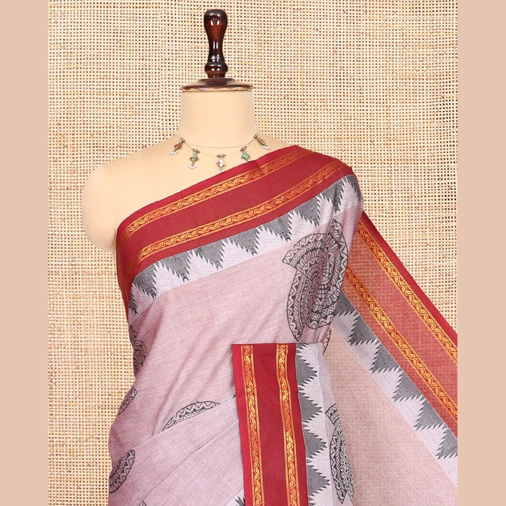 Pothys Dusky Pink Chettinad Cotton Saree, Adorned with Geometric Buttas, a Contrast Ganga-Jamuna Traditional Border, No Blouse