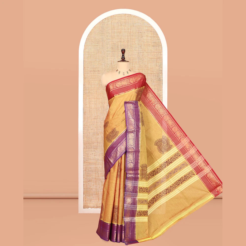 Pothys Mustard Chettinad Cotton Saree, Adorned with Geometric Buttas, a Contrast Ganga-Jamuna Traditional Border, No Blouse