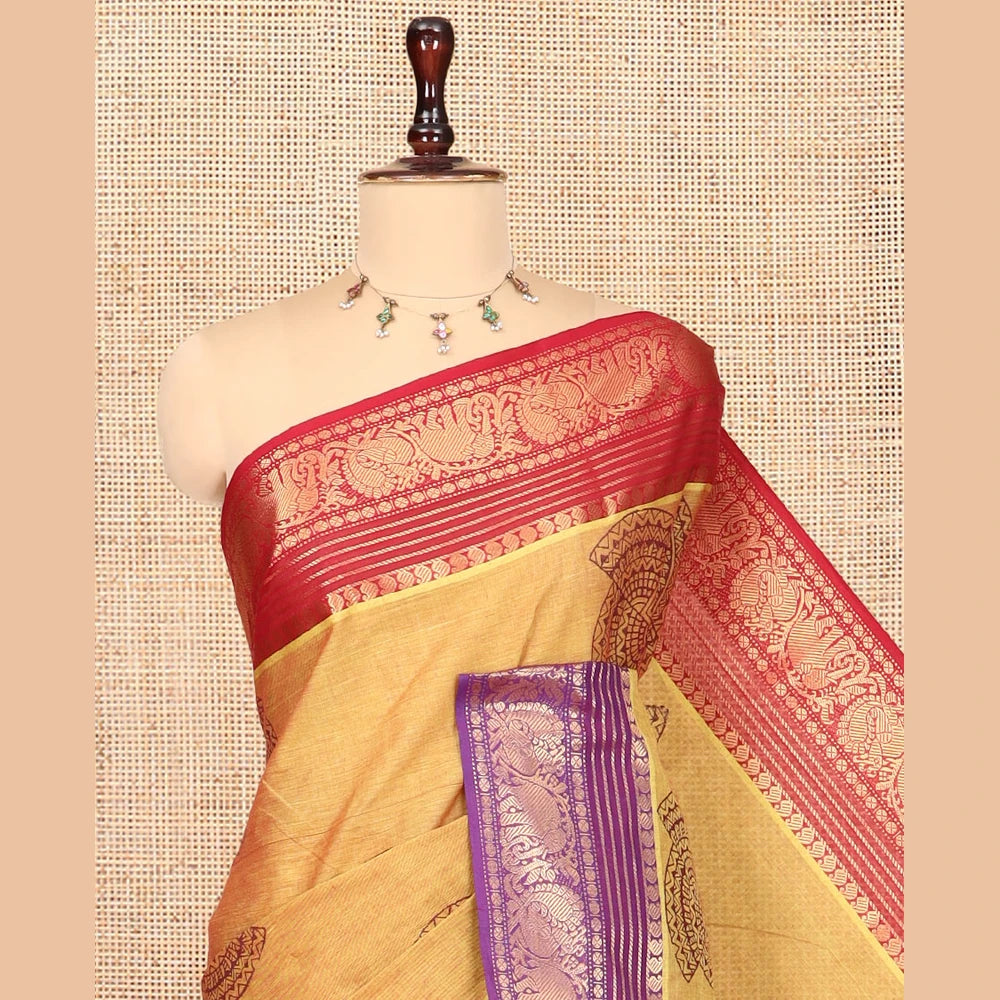 Pothys Mustard Chettinad Cotton Saree, Adorned with Geometric Buttas, a Contrast Ganga-Jamuna Traditional Border, No Blouse