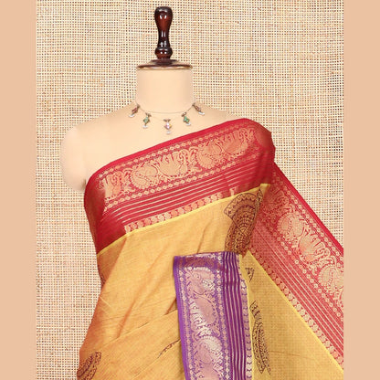 Pothys Mustard Chettinad Cotton Saree, Adorned with Geometric Buttas, a Contrast Ganga-Jamuna Traditional Border, No Blouse