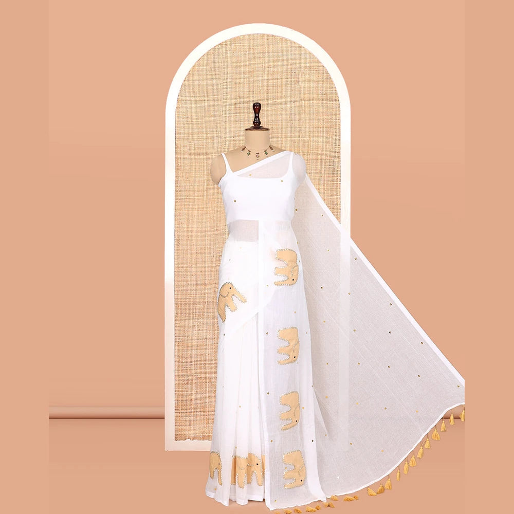 Pothys Borderless Cream Khadi Mul Cotton Saree, Artfully Woven with Sequins Work and Elephant Patchwork, No Blouse