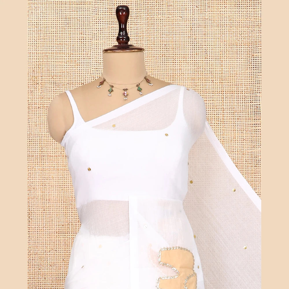 Pothys Borderless Cream Khadi Mul Cotton Saree, Artfully Woven with Sequins Work and Elephant Patchwork, No Blouse