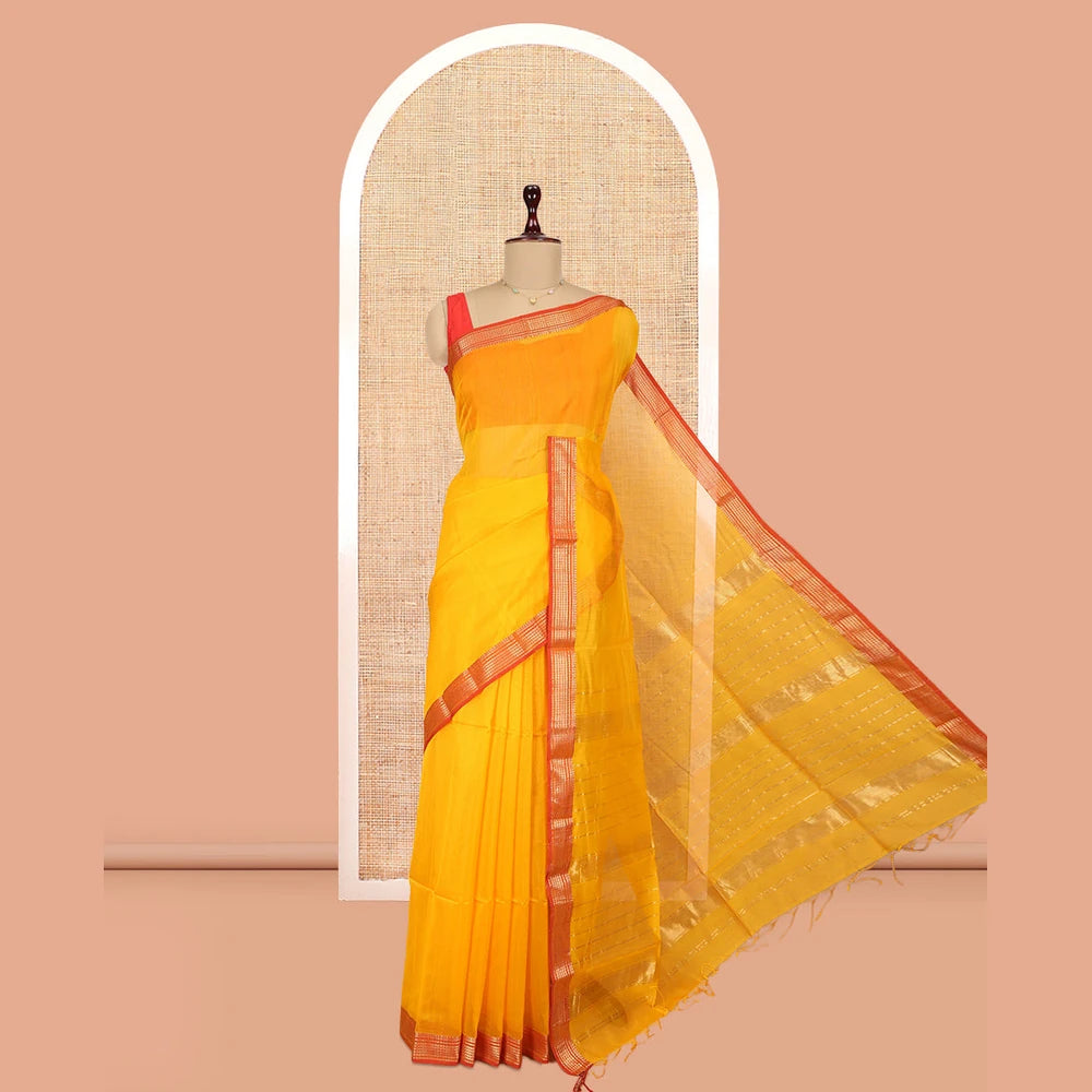 Pothys Yellow Plain Maheshwari Cotton Saree, a Contrast Traditional Zari Border, Pallu of Zari Stripes, and a Matching Blouse