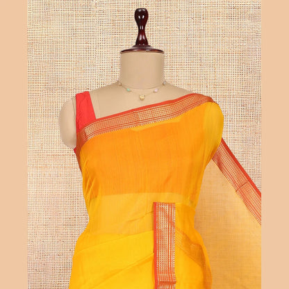 Pothys Yellow Plain Maheshwari Cotton Saree, a Contrast Traditional Zari Border, Pallu of Zari Stripes, and a Matching Blouse