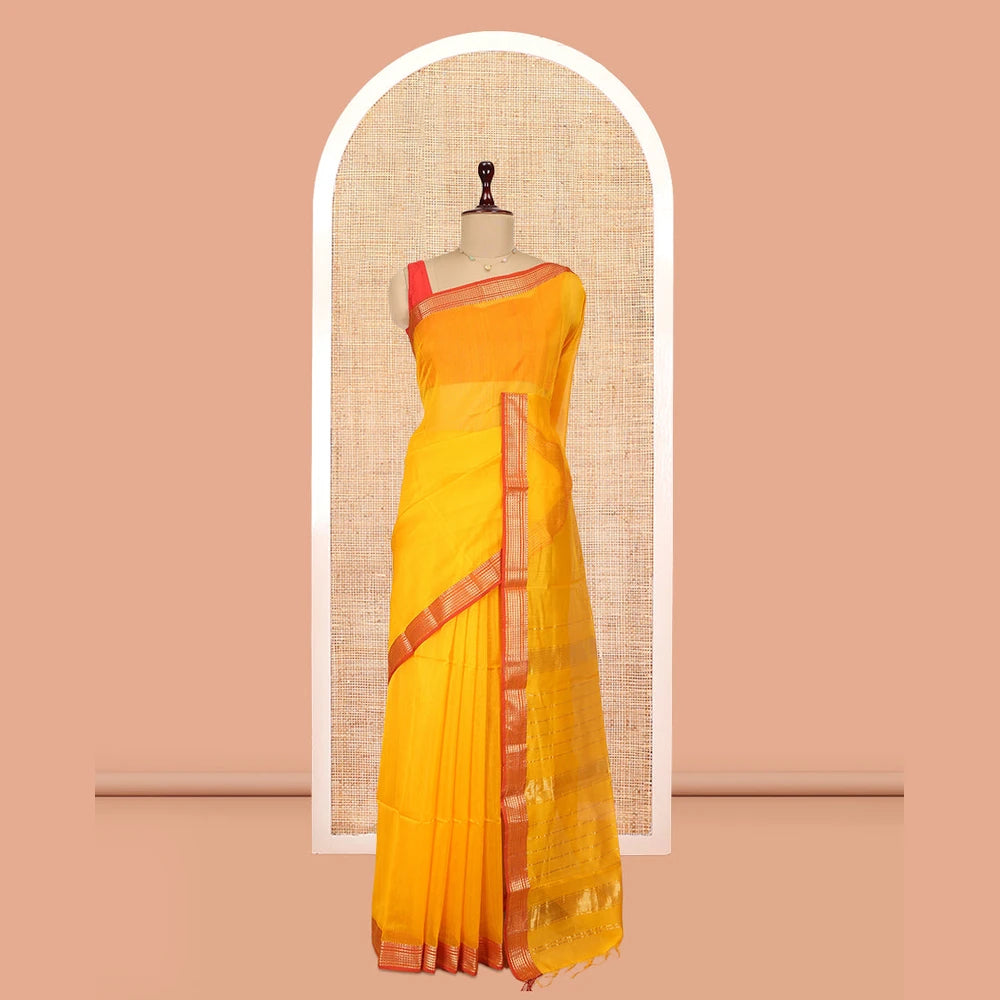 Pothys Yellow Plain Maheshwari Cotton Saree, a Contrast Traditional Zari Border, Pallu of Zari Stripes, and a Matching Blouse