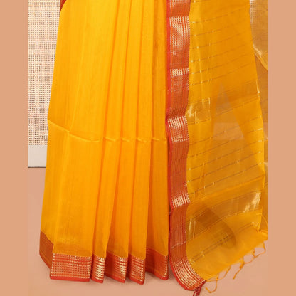 Pothys Yellow Plain Maheshwari Cotton Saree, a Contrast Traditional Zari Border, Pallu of Zari Stripes, and a Matching Blouse