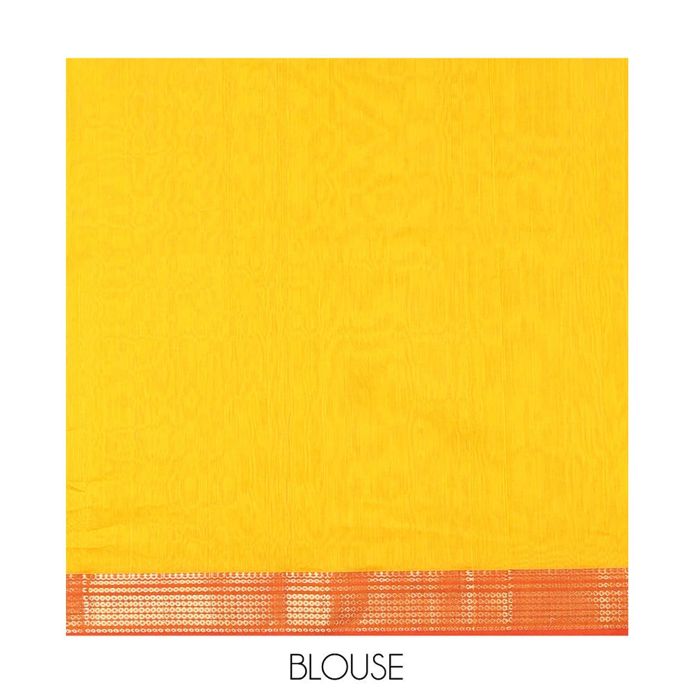 Pothys Yellow Plain Maheshwari Cotton Saree, a Contrast Traditional Zari Border, Pallu of Zari Stripes, and a Matching Blouse