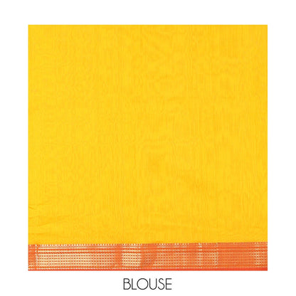 Pothys Yellow Plain Maheshwari Cotton Saree, a Contrast Traditional Zari Border, Pallu of Zari Stripes, and a Matching Blouse