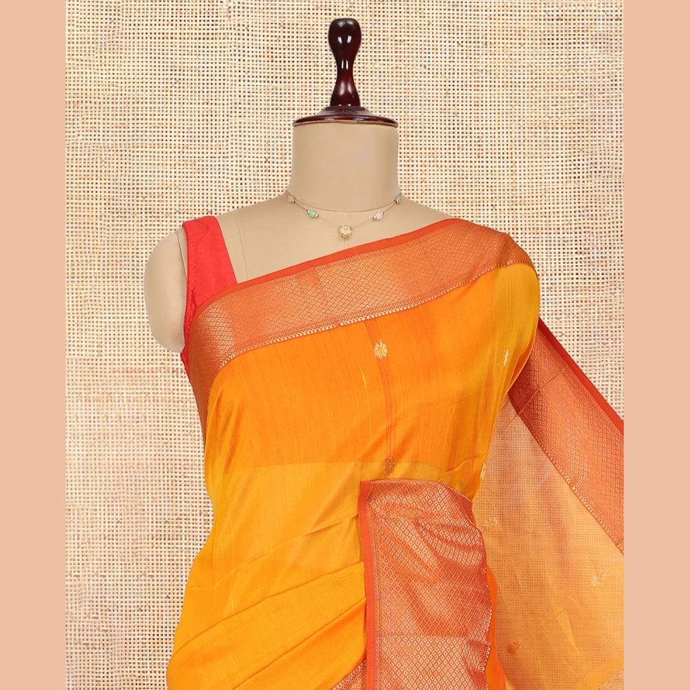Pothys Orange Zari Buttas Maheshwari Cotton Saree, a Contrast Traditional Zari Border, Pallu of Zari Buttas, and a Matching Blouse