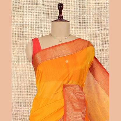 Pothys Orange Zari Buttas Maheshwari Cotton Saree, a Contrast Traditional Zari Border, Pallu of Zari Buttas, and a Matching Blouse