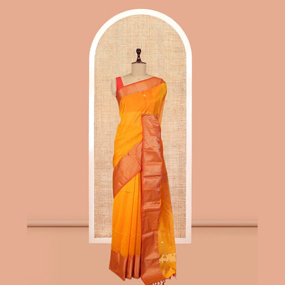Pothys Orange Zari Buttas Maheshwari Cotton Saree, a Contrast Traditional Zari Border, Pallu of Zari Buttas, and a Matching Blouse