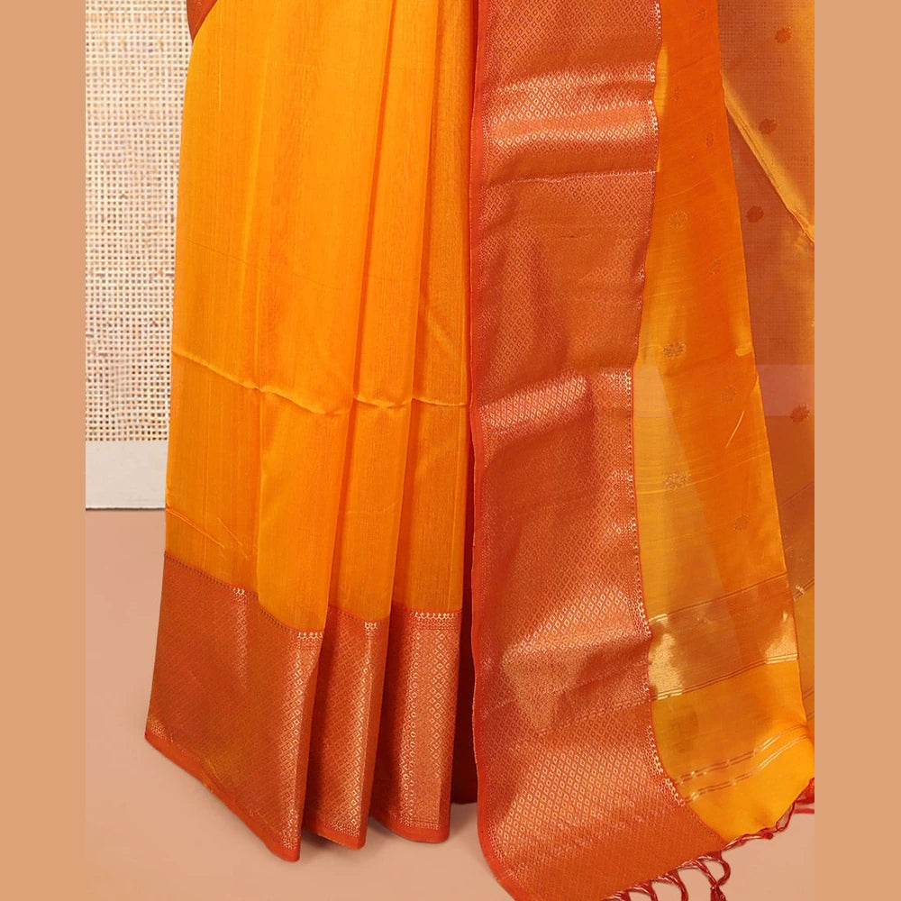 Pothys Orange Zari Buttas Maheshwari Cotton Saree, a Contrast Traditional Zari Border, Pallu of Zari Buttas, and a Matching Blouse