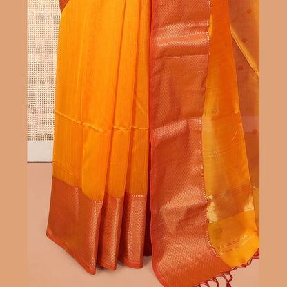 Pothys Orange Zari Buttas Maheshwari Cotton Saree, a Contrast Traditional Zari Border, Pallu of Zari Buttas, and a Matching Blouse