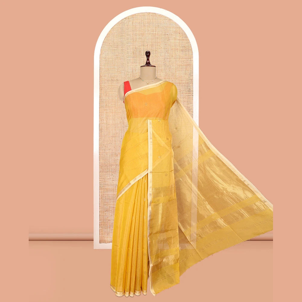 Pothys Yellow Maheshwari Cotton Saree, Subtly Woven with Zari Buttas, a Contrast Piping Zari Border, Pallu of Zari Design, and a Matching Blouse