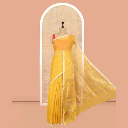 Pothys Yellow Maheshwari Cotton Saree, Subtly Woven with Zari Buttas, a Contrast Piping Zari Border, Pallu of Zari Design, and a Matching Blouse