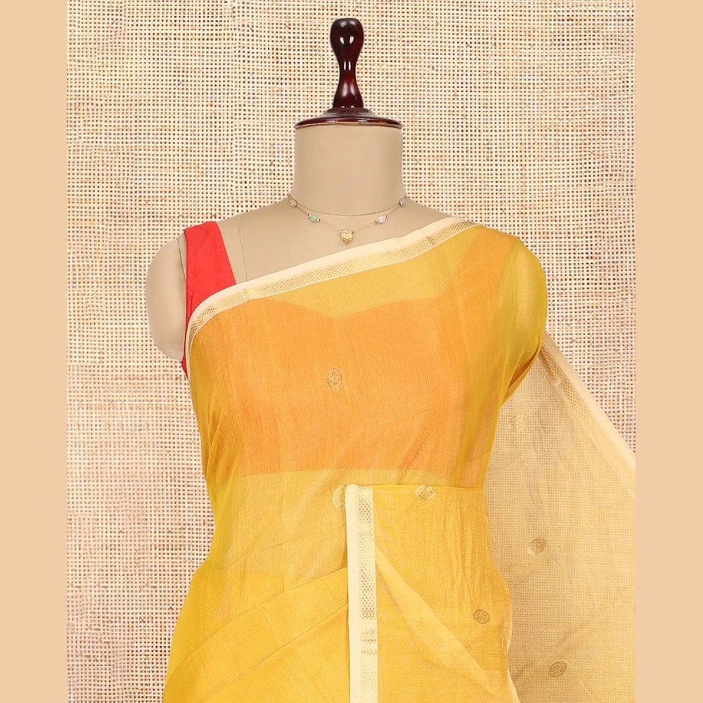 Pothys Yellow Maheshwari Cotton Saree, Subtly Woven with Zari Buttas, a Contrast Piping Zari Border, Pallu of Zari Design, and a Matching Blouse