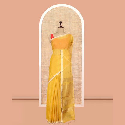 Pothys Yellow Maheshwari Cotton Saree, Subtly Woven with Zari Buttas, a Contrast Piping Zari Border, Pallu of Zari Design, and a Matching Blouse