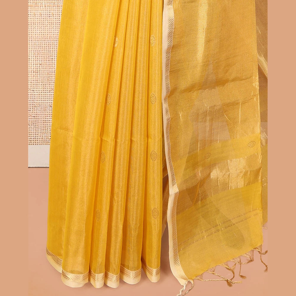 Pothys Yellow Maheshwari Cotton Saree, Subtly Woven with Zari Buttas, a Contrast Piping Zari Border, Pallu of Zari Design, and a Matching Blouse