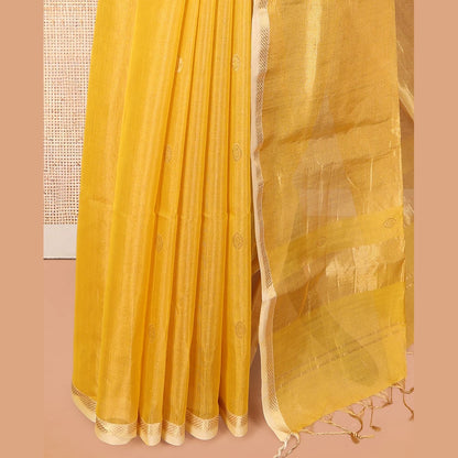 Pothys Yellow Maheshwari Cotton Saree, Subtly Woven with Zari Buttas, a Contrast Piping Zari Border, Pallu of Zari Design, and a Matching Blouse