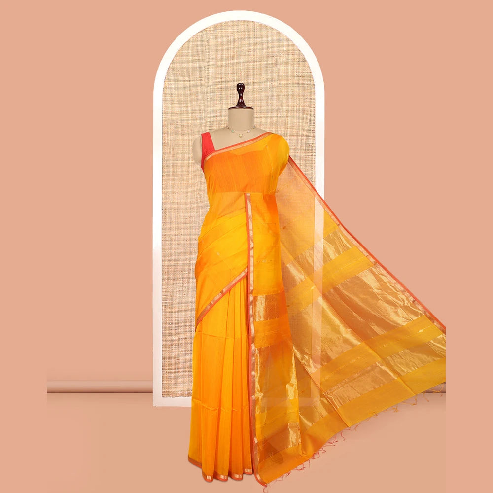 Pothys Orange Maheshwari Cotton Saree, Detailed with Zari Buttas, a Contrast Piping Zari Border, Pallu of Zari Design, and a Matching Blouse