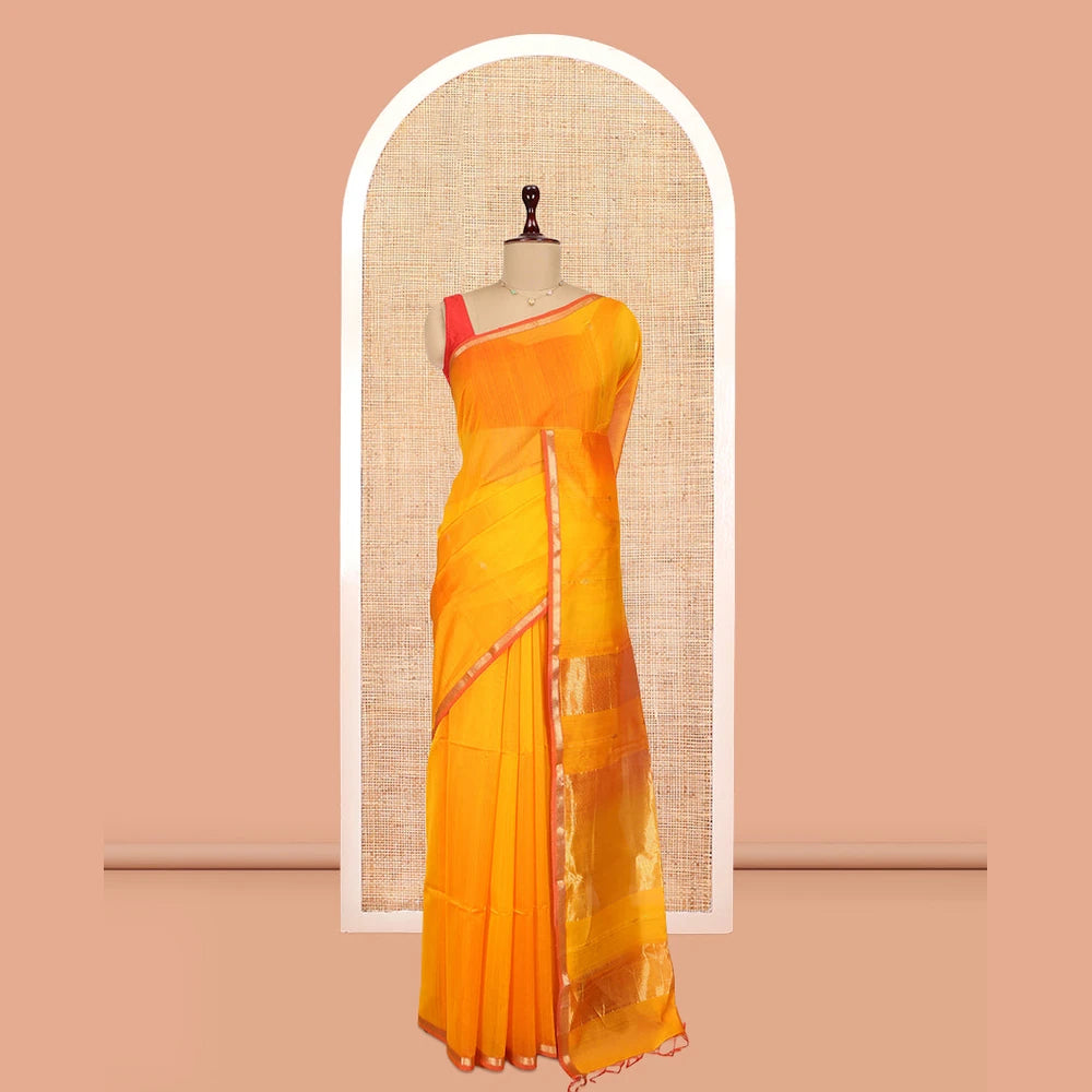 Pothys Orange Maheshwari Cotton Saree, Detailed with Zari Buttas, a Contrast Piping Zari Border, Pallu of Zari Design, and a Matching Blouse