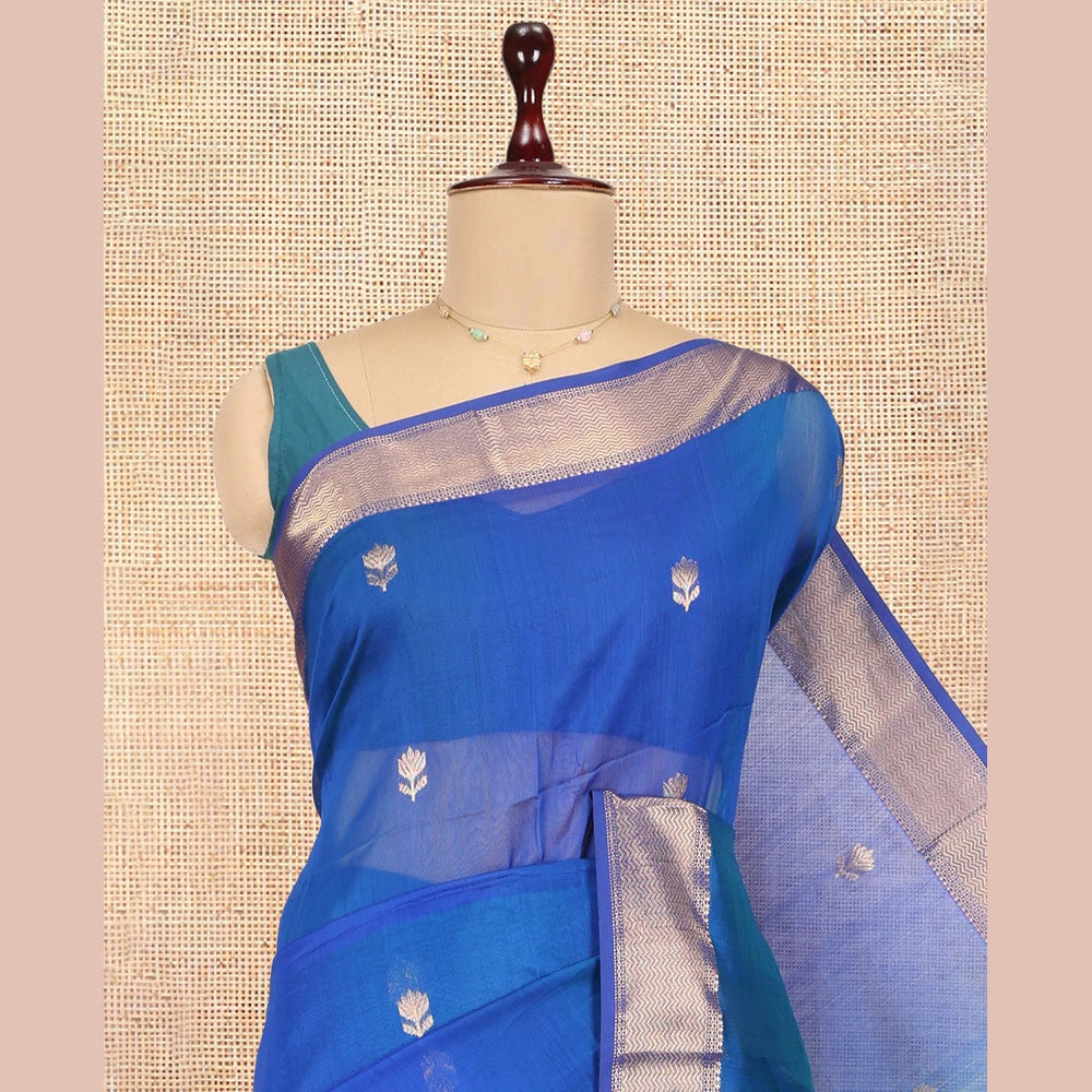 Pothys M.s Blue Maheshwari Cotton Saree, Detailed with Floral Zari Buttas, a Zari Chevron Striped Border, Zari Striped Pallu, and a Matching Blouse