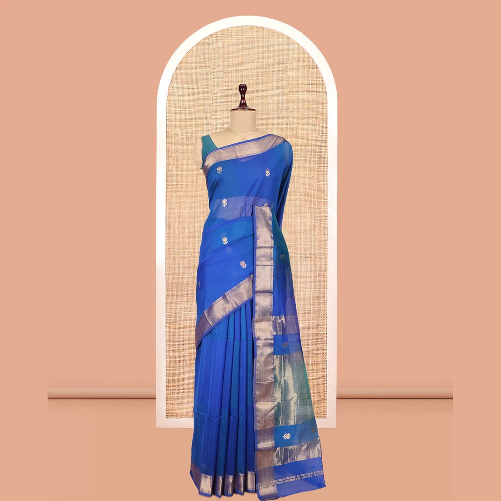 Pothys M.s Blue Maheshwari Cotton Saree, Detailed with Floral Zari Buttas, a Zari Chevron Striped Border, Zari Striped Pallu, and a Matching Blouse