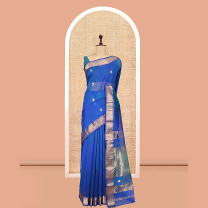 Pothys M.s Blue Maheshwari Cotton Saree, Detailed with Floral Zari Buttas, a Zari Chevron Striped Border, Zari Striped Pallu, and a Matching Blouse