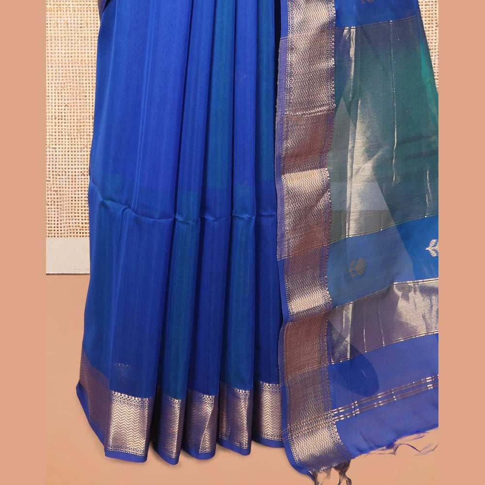 Pothys M.s Blue Maheshwari Cotton Saree, Detailed with Floral Zari Buttas, a Zari Chevron Striped Border, Zari Striped Pallu, and a Matching Blouse