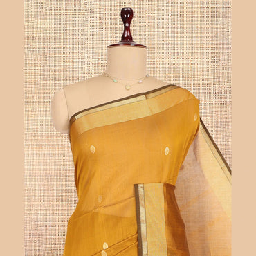 Pothys Mustard Maheshwari Cotton Saree, Adorned with Buttas, a Traditional Zari Border, Gleaming Zari Pallu, and a Matching Blouse