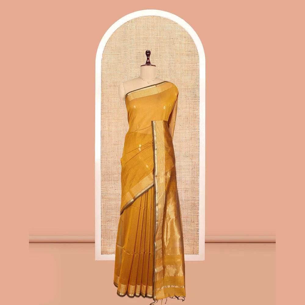 Pothys Mustard Maheshwari Cotton Saree, Adorned with Buttas, a Traditional Zari Border, Gleaming Zari Pallu, and a Matching Blouse