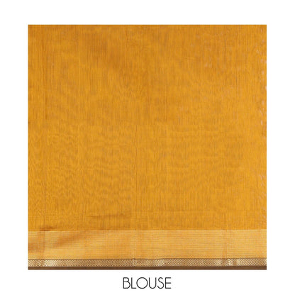 Pothys Mustard Maheshwari Cotton Saree, Adorned with Buttas, a Traditional Zari Border, Gleaming Zari Pallu, and a Matching Blouse
