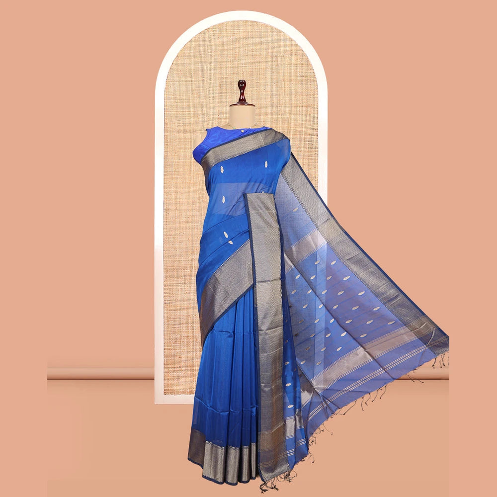 Pothys M.s Blue Maheshwari Cotton Saree, Ornamented with Zari Buttas, a Contrast Chevron Striped Border, Zari Buttas Woven Pallu, and a Contrast Blouse