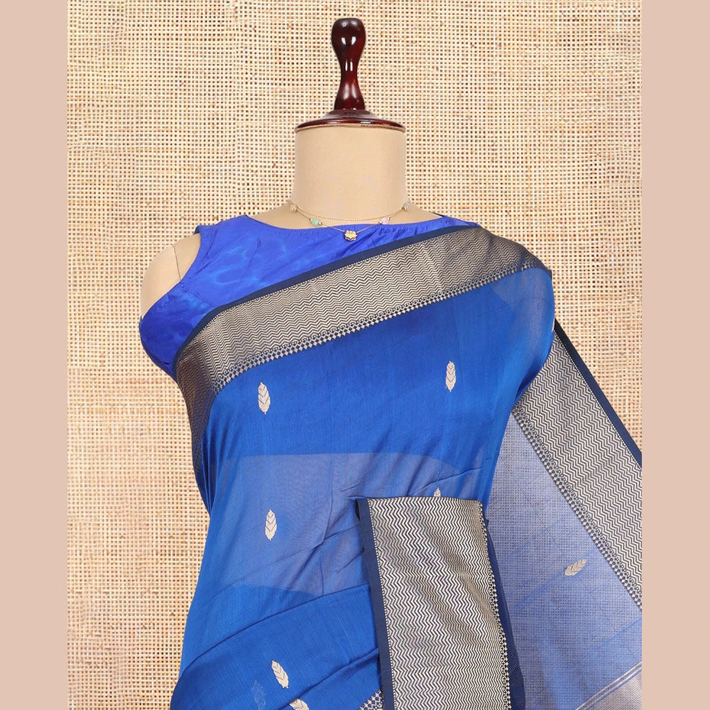 Pothys M.s Blue Maheshwari Cotton Saree, Ornamented with Zari Buttas, a Contrast Chevron Striped Border, Zari Buttas Woven Pallu, and a Contrast Blouse