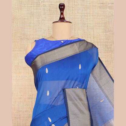 Pothys M.s Blue Maheshwari Cotton Saree, Ornamented with Zari Buttas, a Contrast Chevron Striped Border, Zari Buttas Woven Pallu, and a Contrast Blouse
