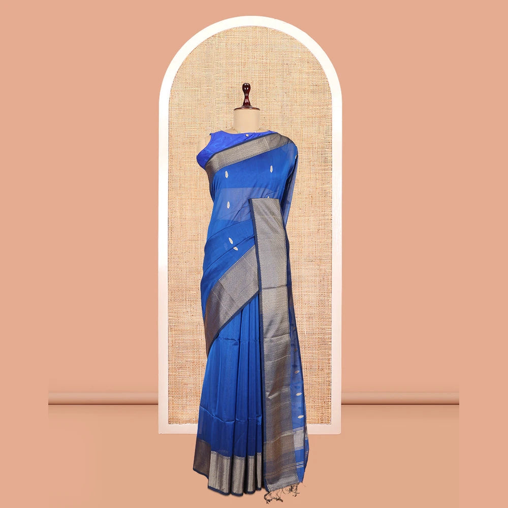 Pothys M.s Blue Maheshwari Cotton Saree, Ornamented with Zari Buttas, a Contrast Chevron Striped Border, Zari Buttas Woven Pallu, and a Contrast Blouse