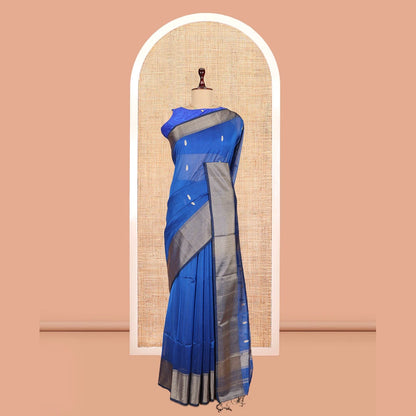 Pothys M.s Blue Maheshwari Cotton Saree, Ornamented with Zari Buttas, a Contrast Chevron Striped Border, Zari Buttas Woven Pallu, and a Contrast Blouse