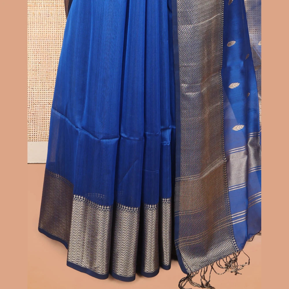 Pothys M.s Blue Maheshwari Cotton Saree, Ornamented with Zari Buttas, a Contrast Chevron Striped Border, Zari Buttas Woven Pallu, and a Contrast Blouse